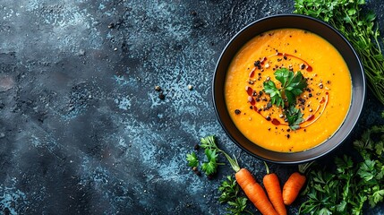 Poster - Pumpkin and carrot cream soup in bowl Blue textile background Close up Top view : Generative AI