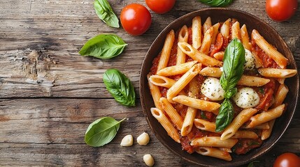 Poster - Pasta penne with roasted tomato sauce mozzarella cheese Wooden background Top view : Generative AI