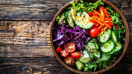 Poster - Healthy vegetarian salad Buddha bowl Wooden cracked background Top view Copy space : Generative AI