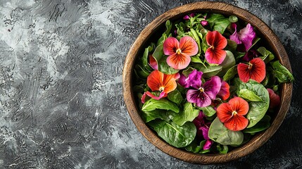 Poster - Green salad leaves with edible flowers in bowl Grey background Copy space Top view : Generative AI