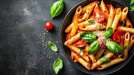 Poster - Pasta penne with roasted tomato sauce mozzarella cheese and fresh basil Grey background Top view : Generative AI