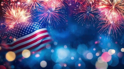 an American flag surrounded by fireworks in red, white, and blue, set against a blurred blue backdrop with sparkling bokeh lights enhancing the festive atmosphere.