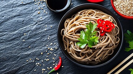 Poster - Soba noodles with sauce and garnishes Japanese food Black slate background Close up : Generative AI