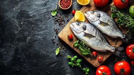 Poster - Fresh Dorado fishes on a wooden cutting board with vegetables herbs and spices Black stone background Top view Copy space : Generative AI