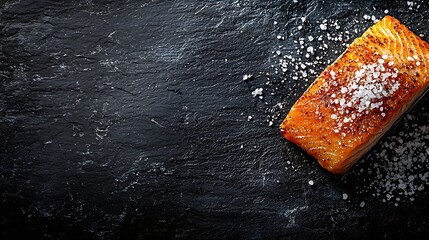 Poster - Salmon fillet with sea salt on slate dark background Copy space Top view : Generative AI