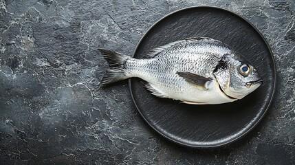 Poster - Raw fish dorado on a plate Black stone background Top view : Generative AI