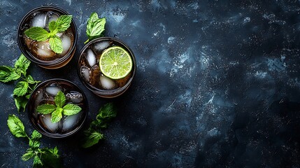 Poster - Cold Moscow Mules cocktail with ginger beer vodka lime Grey stone background Copy space : Generative AI