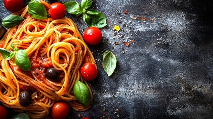 Poster - Pasta spaghetti with tomato sauce olives and fresh basil Grey background Copy space Top view : Generative AI