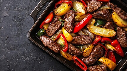 Poster - Beef and vegetables stir fry in a pan Grey background Top view : Generative AI