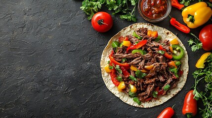 Poster - Mexican shredded beef with tortillas vegetables and sauce Grey background Top view : Generative AI