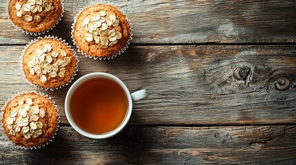 Poster - Carrot oat muffins cupcakes cakes with cup of tea Wooden background Close up Top view : Generative AI