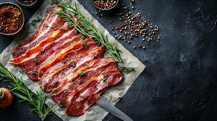 Poster - Raw bacon slices with herbs spices and knife on parchment paper Grey background Copy space Top view : Generative AI
