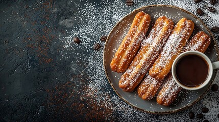 Poster - Churros dessert with chocolate sauce and coffee cup Black plate : Generative AI