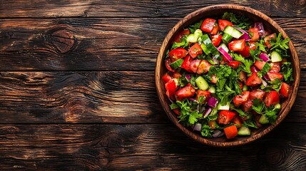Poster - Vegetable Bulgarian shopska salad Wooden background Top view Copy space : Generative AI