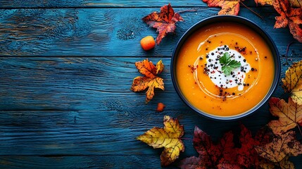 Poster - Pumpkin and carrot soup with cream on blue wooden background Copy space Top view : Generative AI