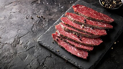 Poster - Roasted beef pastrami on slate cutting board Copy space : Generative AI