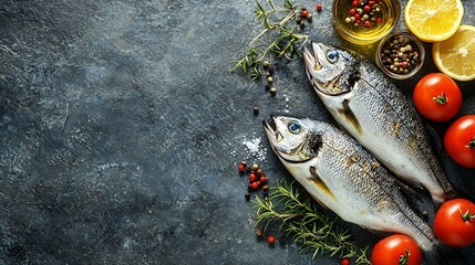 Poster - Raw Dorado fish with cooking ingredients Blue stone background Top view Copy space : Generative AI