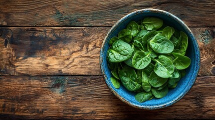 Poster - Baby spinach in a blue ceramic bowl on a wooden background Top view : Generative AI