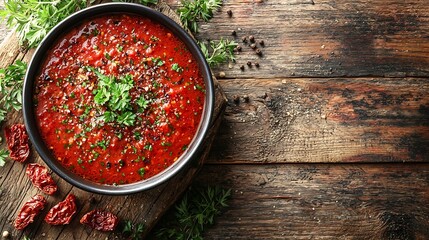 Poster - Tomato soup with sun dried tomatoes on a wooden background : Generative AI