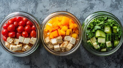 Poster - Healthy asian salad with noodles vegetables chicken and tofu in glass jars Grey background Close up : Generative AI