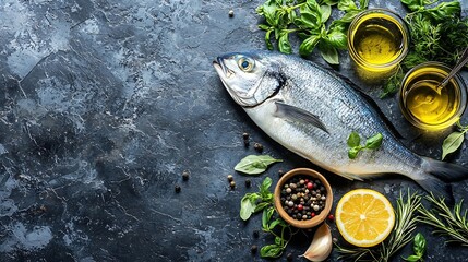 Poster - Raw Dorado fish with cooking ingredients Blue stone background Top view Copy space : Generative AI