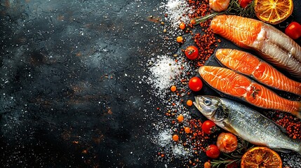 Poster - Fresh fish and seafood assortment on black slate background Top view Copy space : Generative AI