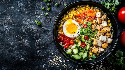 Poster - Asian noodle soup ramen with chicken tofu vegetables and egg in black bowl Top view Copy space Slate background : Generative AI
