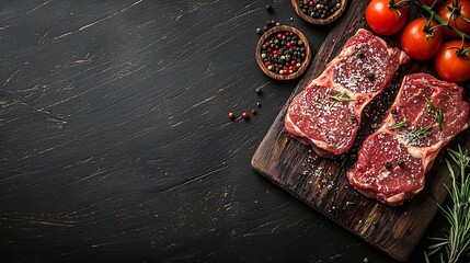 Poster - Raw fresh meat Steak with salt and pepper rosemary and tomatoes on cutting board on dark wooden background : Generative AI