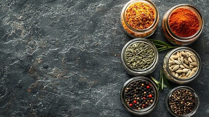 Poster - Assortments of spices white black pepper chili flakes fenugreek lemongrass coriander and cumin seeds in jars on grey stone background Top view Copy space : Generative AI
