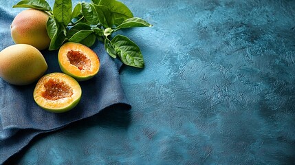 Aufkleber - Passion fruits on blue napkin Outdoor background : Generative AI