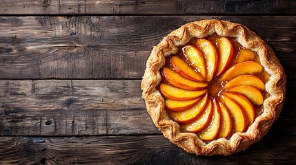 Poster - Peach galette pie cake with honey and berry on a wooden background Top view : Generative AI
