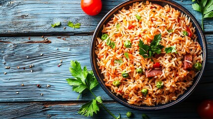 Poster - Asian fried rice with ham Blue wooden background Close up Top view : Generative AI