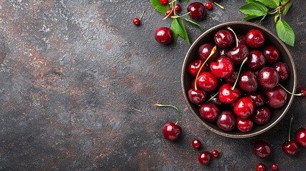 Poster - Fresh ripe black cherries in a metal bowl on a stone background Top view : Generative AI