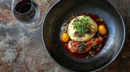Poster - Duck legs confit with potato gratin and mushroom sauce Top view : Generative AI