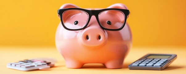 Piggybank With Eyeglasses And Calculator, Generative AI