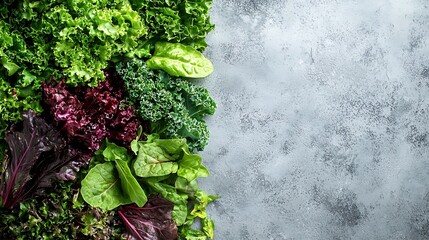 Poster - Fresh kale leaves salad on grey background Copy space : Generative AI