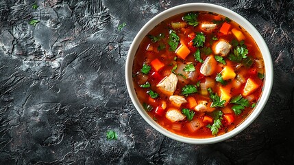 Poster - Chicken soup with vegetables in white bowl Grey stone background Top view : Generative AI