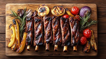 Poster - Lamb ribs grilled on cutting board with roasted vegetables Top view : Generative AI