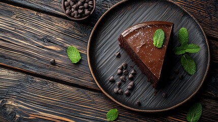Poster - Chocolate cake with fresh mint leaf on a plate Wooden background Top vew : Generative AI