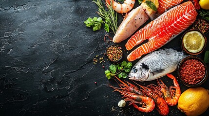 Poster - Fresh fish and seafood assortment on black slate background Copy space Top view : Generative AI