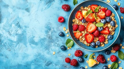Poster - Healthy breakfast muesli granola with yogurt fruits and berries in blue bowl Stripped textile background Top view : Generative AI