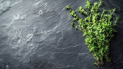 Poster - Fresh thyme bunch on slate background Top view Copy space : Generative AI