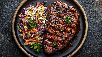 Poster - Grilled beef tenderloin meat on a plate with cole slaw salad Top view : Generative AI