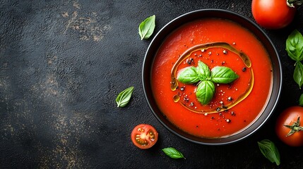 Poster - Tomato soup with basil in a bowl Dark background Close up Top view : Generative AI