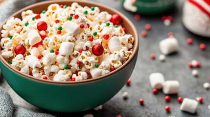 Festive popcorn bowl filled with marshmallows and colorful sprinkles on a textured surface.