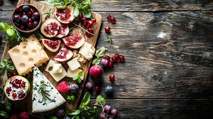 Poster - Cheese and fruits assortment on cutting board on wooden background Copy space Top view : Generative AI