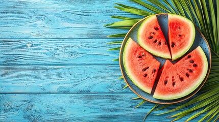 Poster - Watermelon slices and juice on a plate Colorful wooden background with palm leave Top view : Generative AI