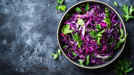 Poster - Red cabbage salad Coleslaw in a bowl Grey background Close up Top view : Generative AI