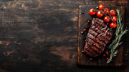 Poster - Beef steak with cherry tomato and rosmary on a dark cutting board Wooden background Top view Copy space : Generative AI