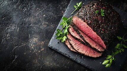 Poster - Roasted beef pastrami on slate cutting board Copy space Top view : Generative AI